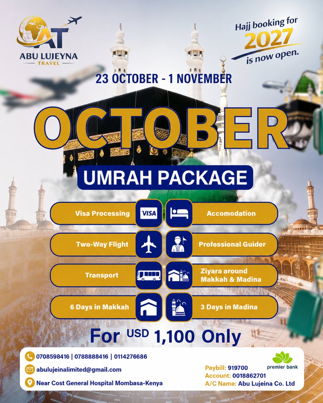 9-Day Umrah Package October 2026 โ Makkah & Madinah (3โ
Hotels) | Book from Kenya